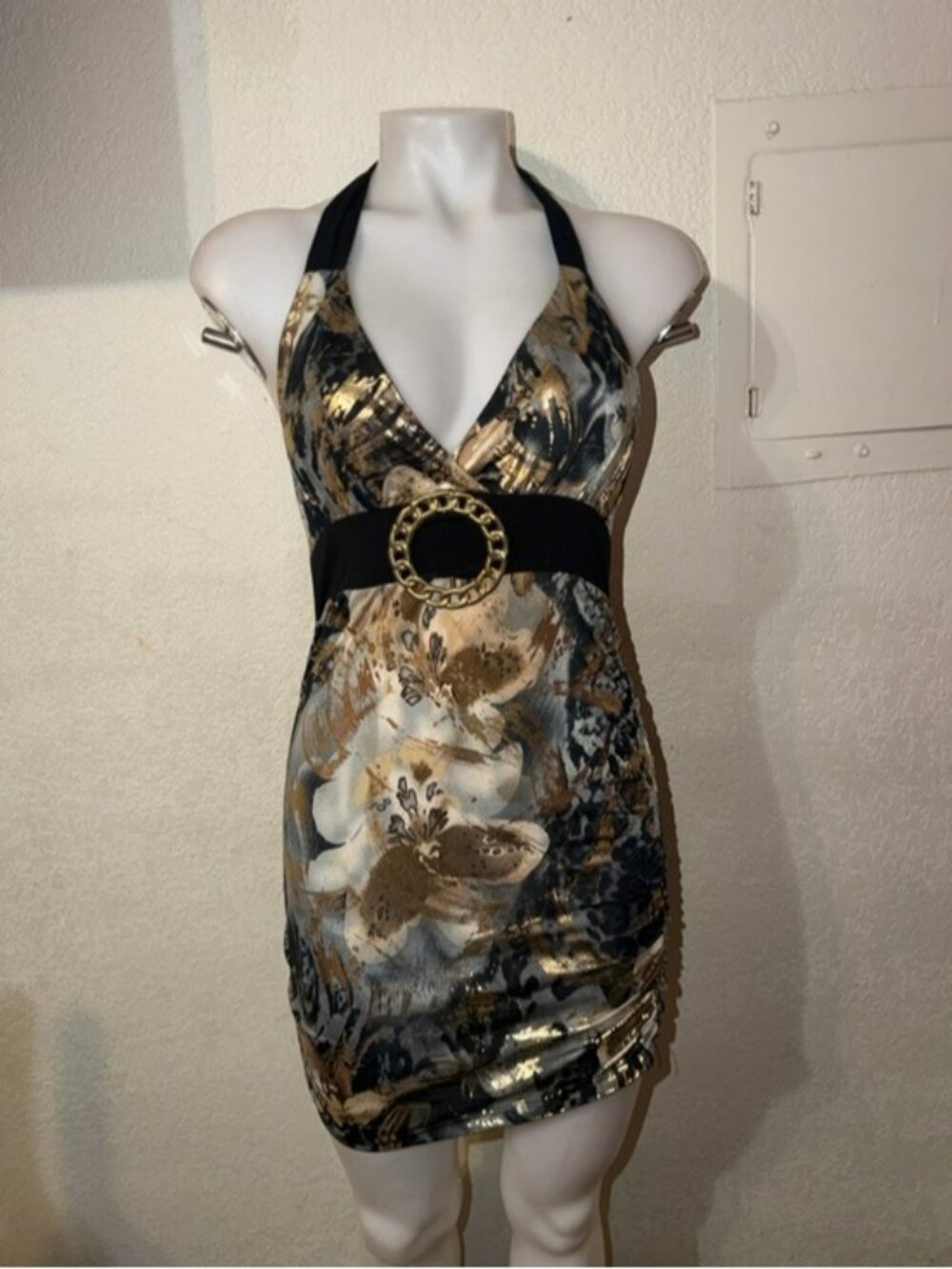 Gold & Black Halter Floral Print Dress with Decorative belt y2k style
